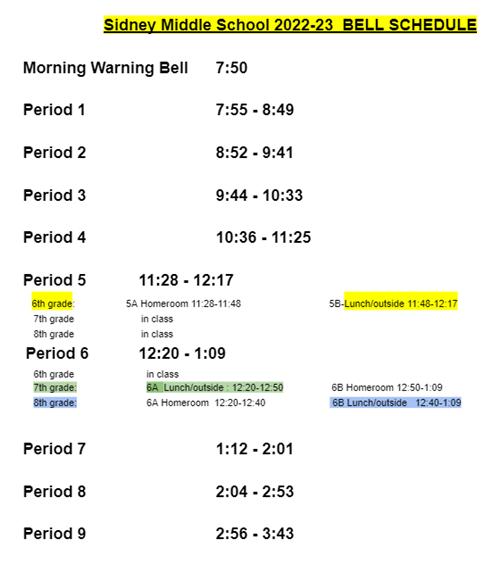 Sidney Middle School 2022-2023 Bell Schedule
